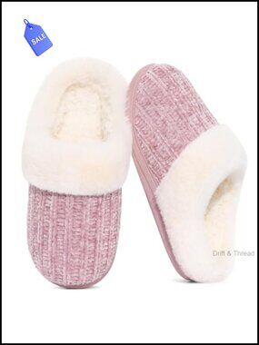 Chenille Knit Fuzzy Slippers Memory Foam Faux Fur House Shoes